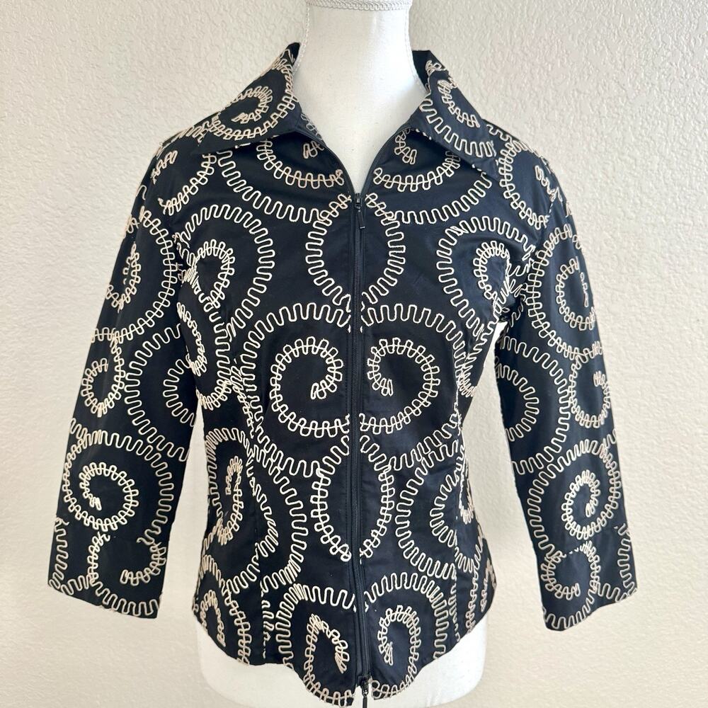 Samuel Dong Black Swirl Embroidered Jacket Double Zip Front Artsy Modern S/P
